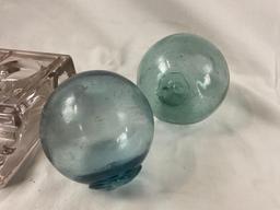 5 pc. lot of vintage glass / rubber insulators, glass ink well desk set holder, & 2 blue glass float