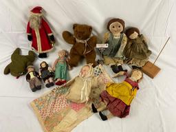 Lot of antique dolls; GOEBEL style ceramic boy & girl, IDEAL, teddy bear, homemade Little House on