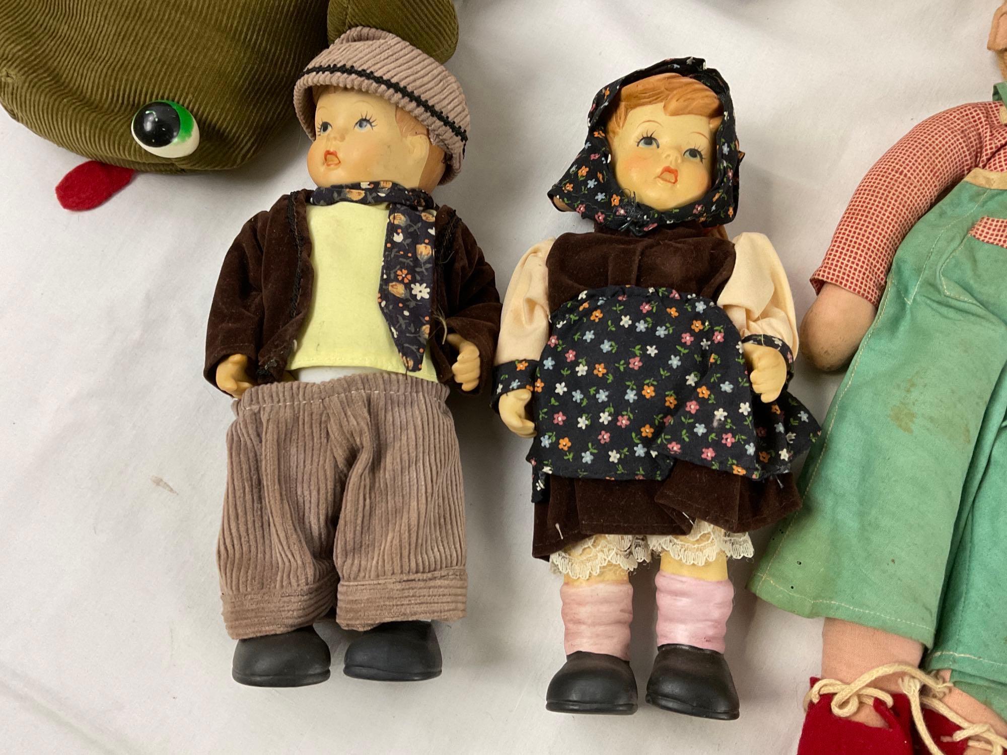 Lot of antique dolls; GOEBEL style ceramic boy & girl, IDEAL, teddy bear, homemade Little House on