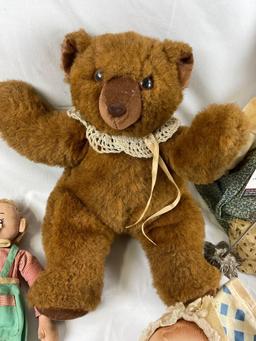 Lot of antique dolls; GOEBEL style ceramic boy & girl, IDEAL, teddy bear, homemade Little House on