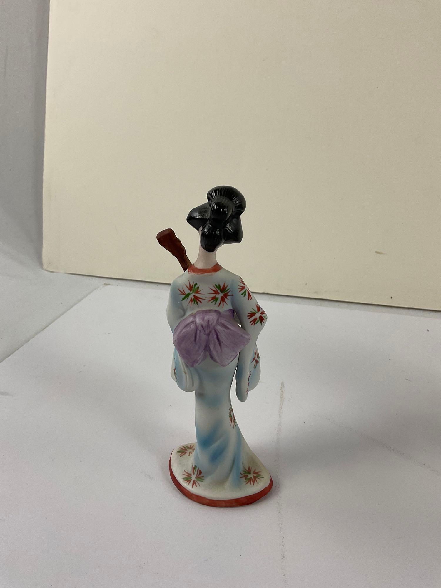 Three vintage Geisha girls porcelain figurines, 1 ceramic artist , & chokin vase