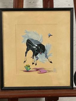 Beautiful Signed Painting by Navajo artist Adee Brittany Dodge + Mid Century Horse Dish