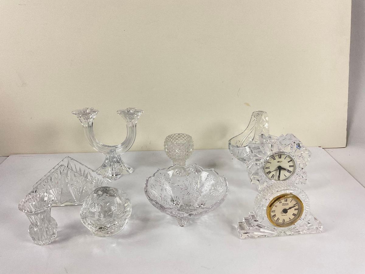 lot of assorted crystal, clocks, candle holder, napkin holder and 3footed bowl