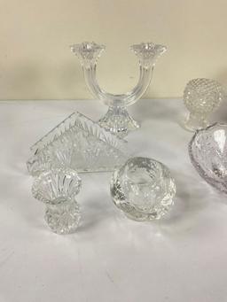 lot of assorted crystal, clocks, candle holder, napkin holder and 3footed bowl