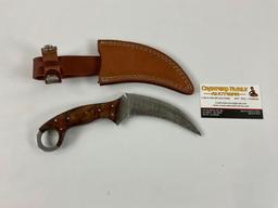 High quality Damascus steel Karambit knife, leather case included.