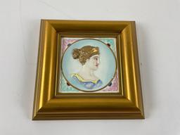 Stunning antique Italian framed painted porcelain tile from the 1800s.