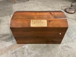 Vintage Wooden chest with blank plaque on front of lid.