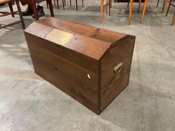 Vintage Wooden chest with blank plaque on front of lid.