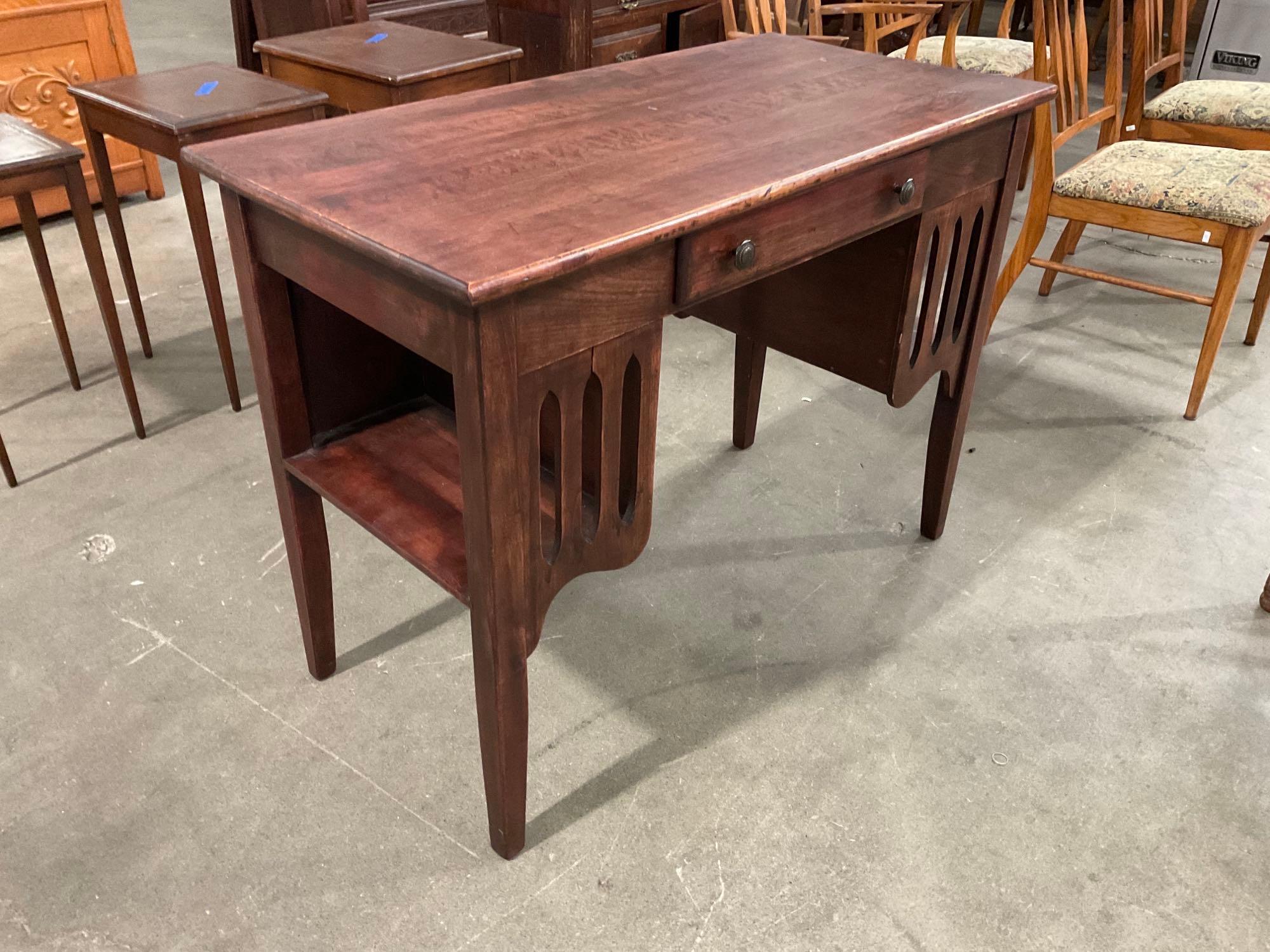 Vintage Solid wood writing desk and chair with woven rattan seat.