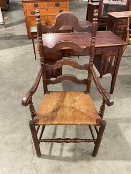 Vintage Solid wood writing desk and chair with woven rattan seat.