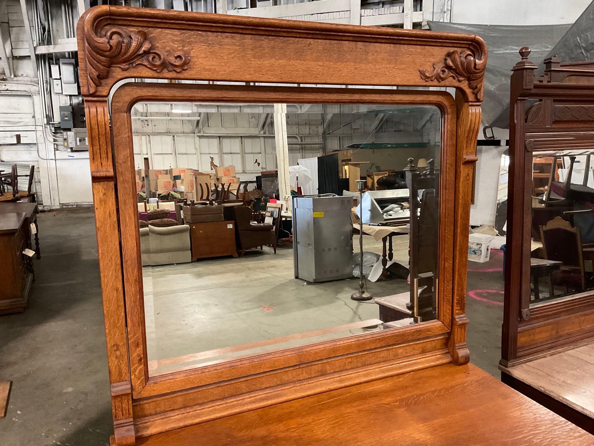 Exquisite large Vintage Tiger Oak Hutch with beveled floating mirror.