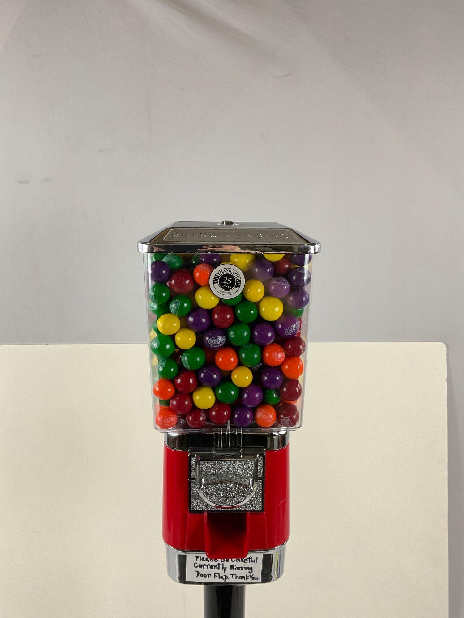 Square Rhino Vending single gumball machine with stand & gumballs , miss key and door flap.