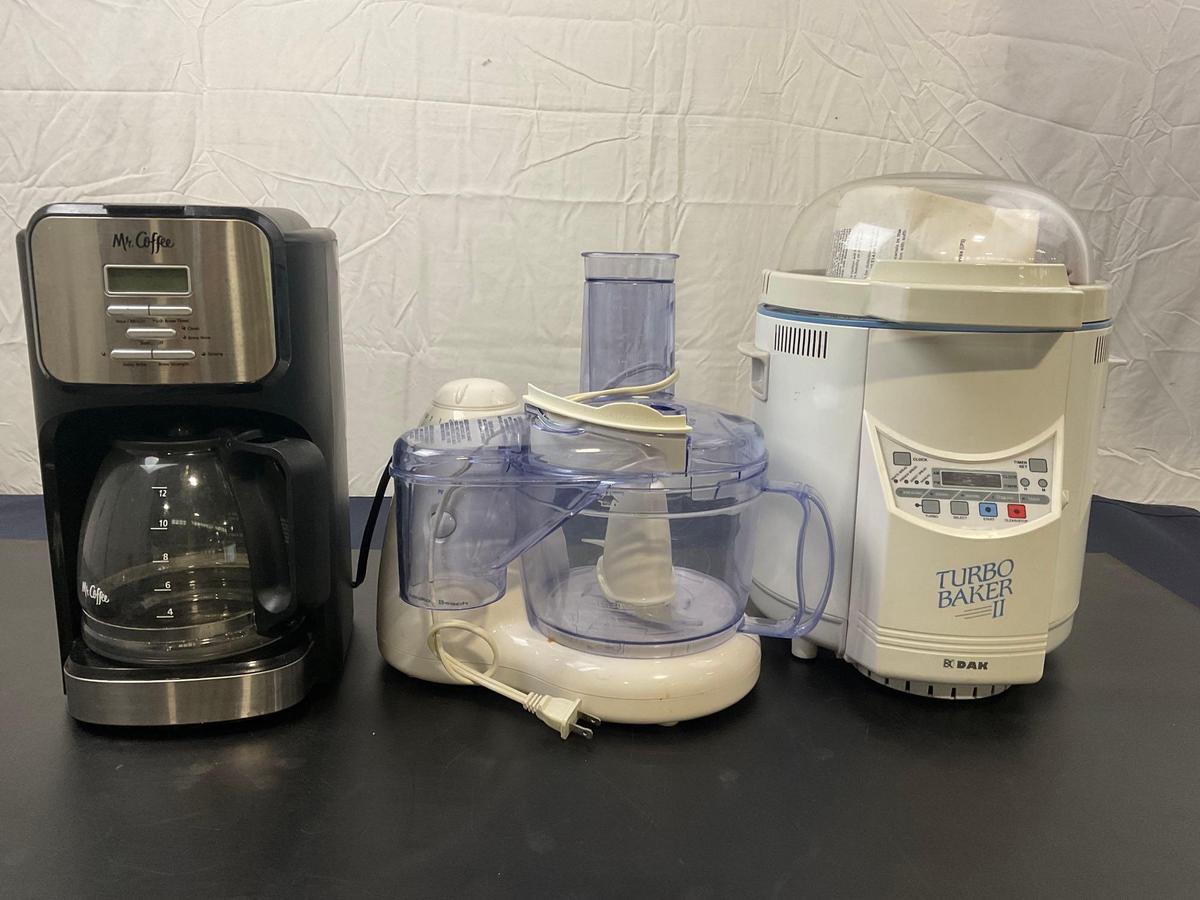 Turbo Baker II by DAK, Hamilton Beach Food Processor, and Mr. Coffee 12 Cup Coffee Maker