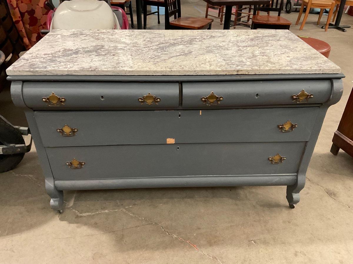 Beautiful Vintage Buffet Cabinet with polished stone slab top. See pics.