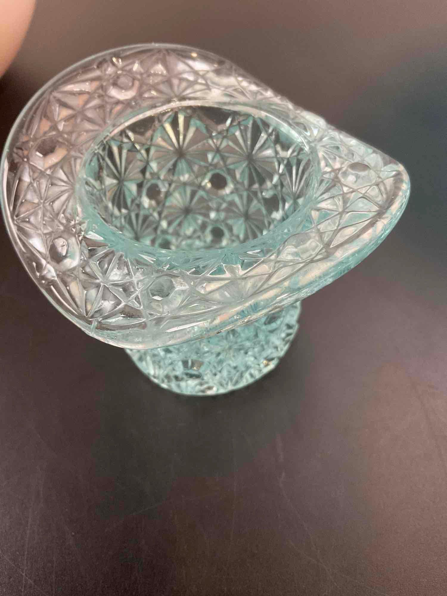 3 Pieces of Glass Art Blue Dish, Light Blue Top Hat, and Orange Frilled Bowl