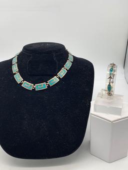 a Pair of antique .925 silver & turquoise Mexico Choker necklace and small bracelet