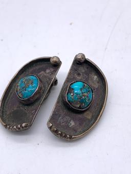 4 X sterling silver earrings 2 w/ turquoise 1 w/ marcasite ,1 very cool Navaho bear paw set