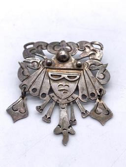 Pair of Vintage Mayan / Aztec designed ? Vintage / antique Sterling silver pins brooches 54.6 grams