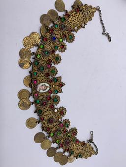 Antique Bejeweled East Indian Brass necklace w/ painted oval porcelain woman w/ Crown (Queen ?)