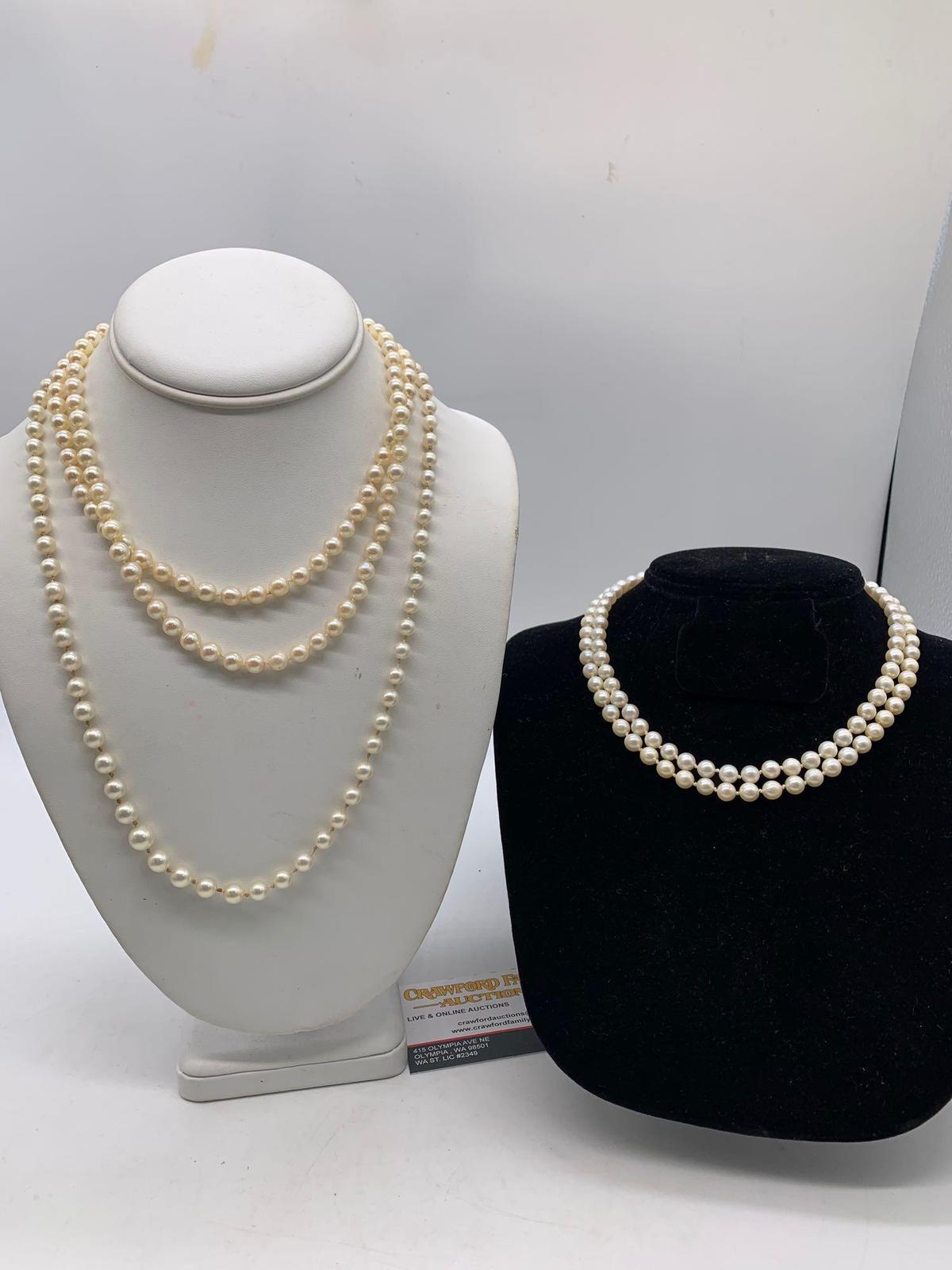 3x Real pearl necklaces with 14K gold clasp, 2 x double strand 16", 1 x single strand 23"