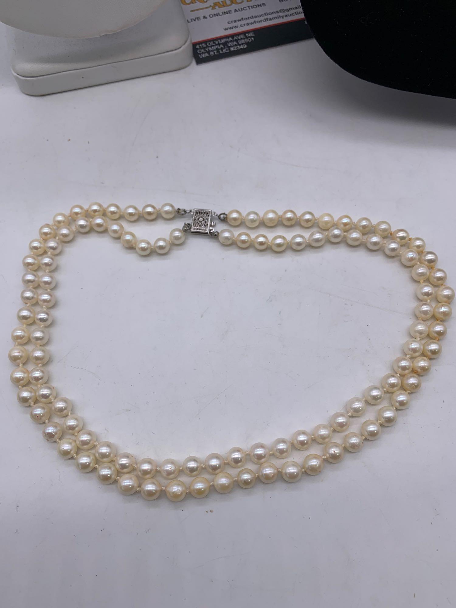 3x Real pearl necklaces with 14K gold clasp, 2 x double strand 16", 1 x single strand 23"