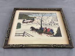 Small vintage framed Grandma Moses art print, SO LONG, approx 11 x 9 in.