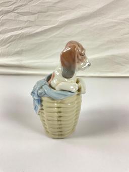 beautiful Lladro dog in basket collectible figurine.