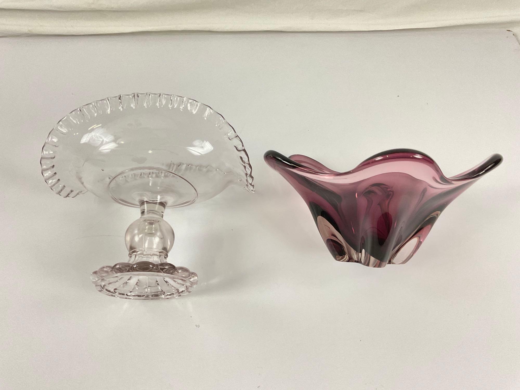 Lavender vintage candy dish and vintage fluted/etched glass dish.