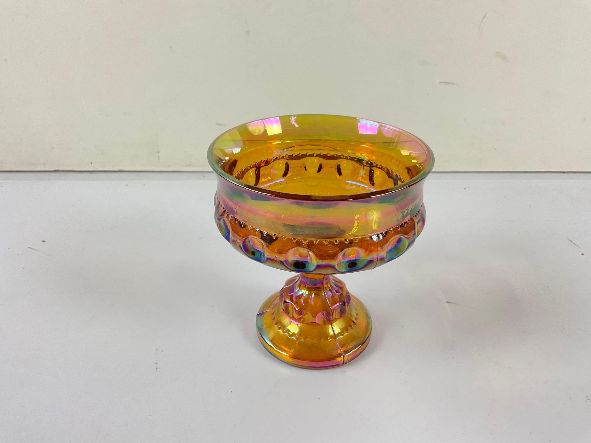 vintage vaseline glass dish, antique carnival glass candy dish and Viking glass vase.