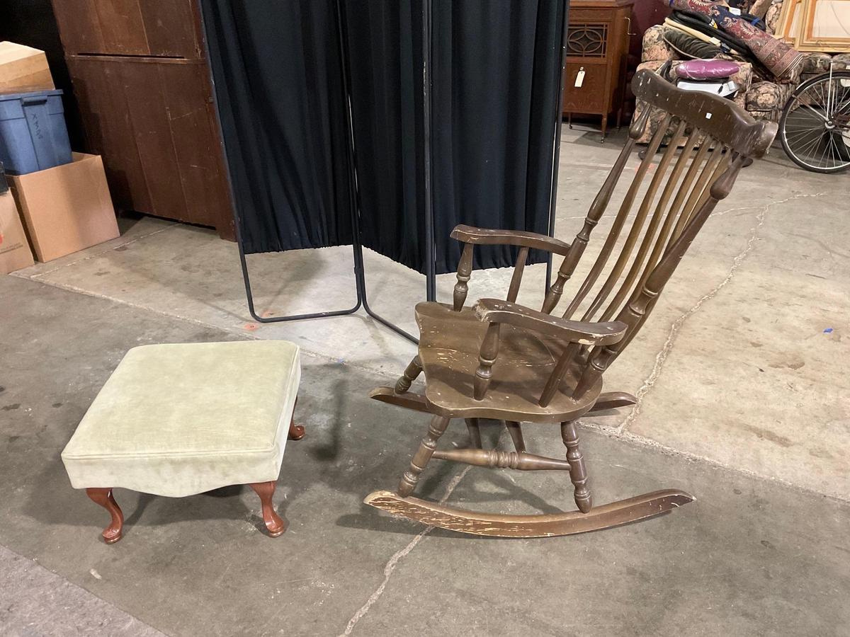 Large Vintage Wooden Rocking chair with mint green ottoman.