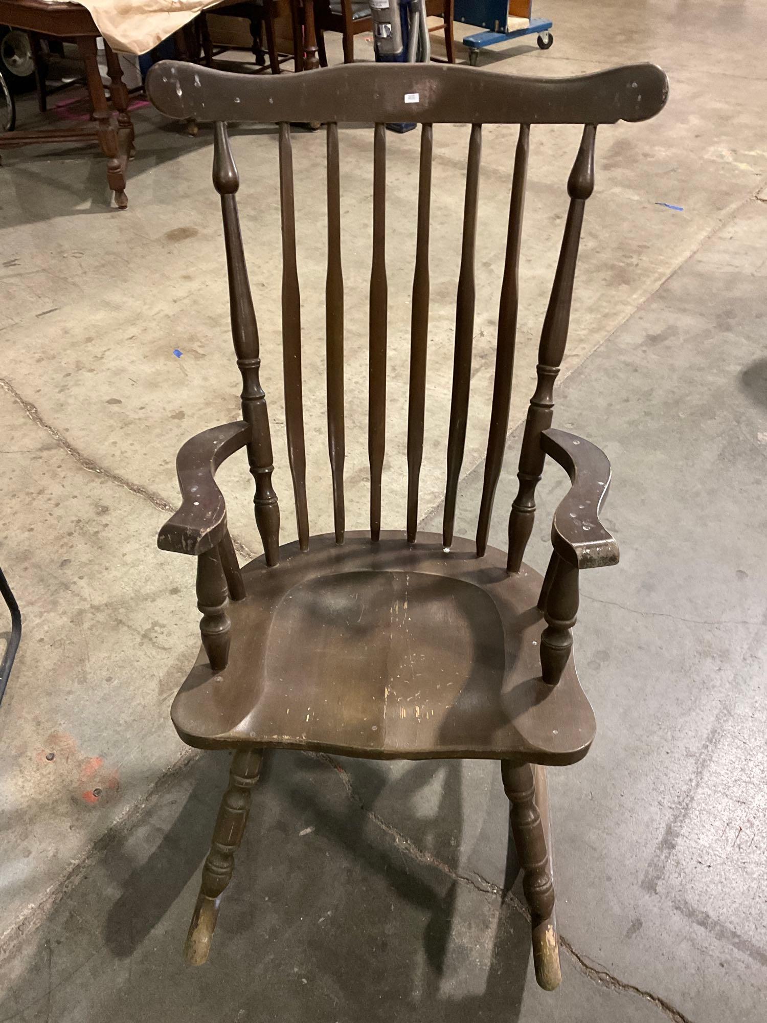 Large Vintage Wooden Rocking chair with mint green ottoman.