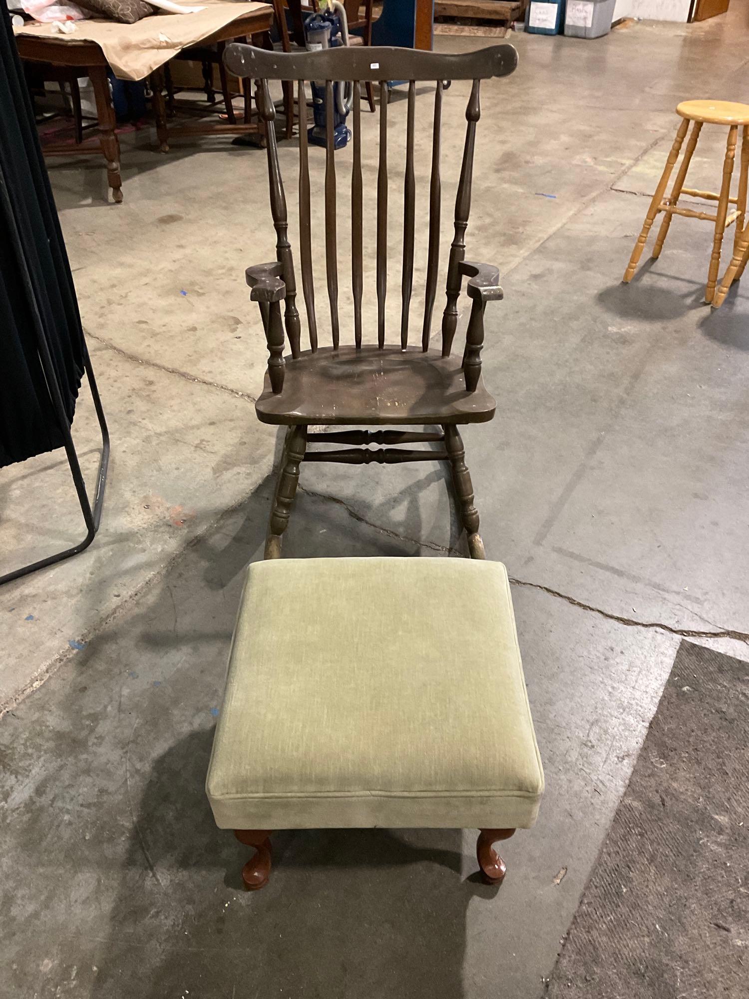 Large Vintage Wooden Rocking chair with mint green ottoman.