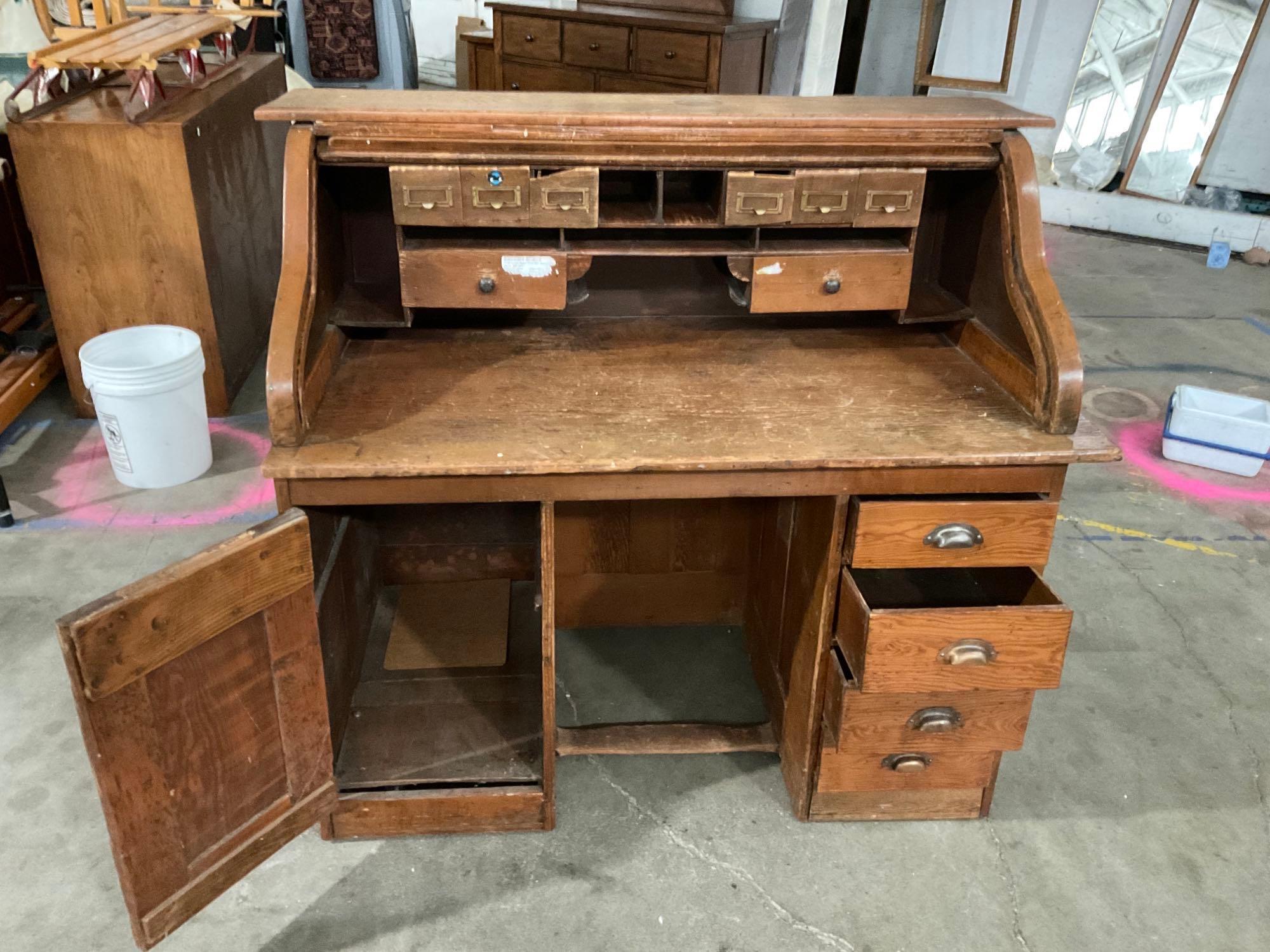 Vintage Roll-Top Desk. Shows wear.