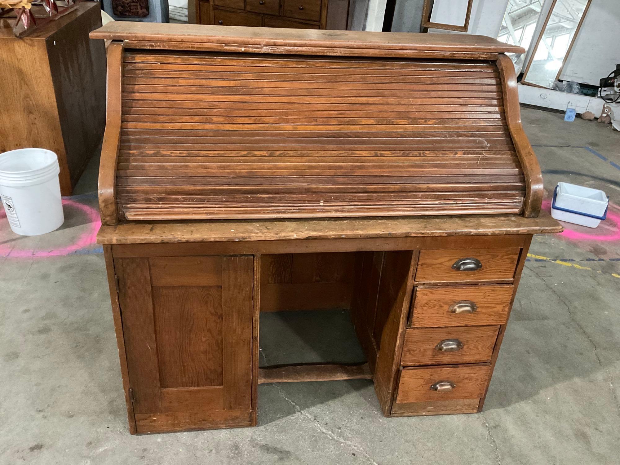 Vintage Roll-Top Desk. Shows wear.