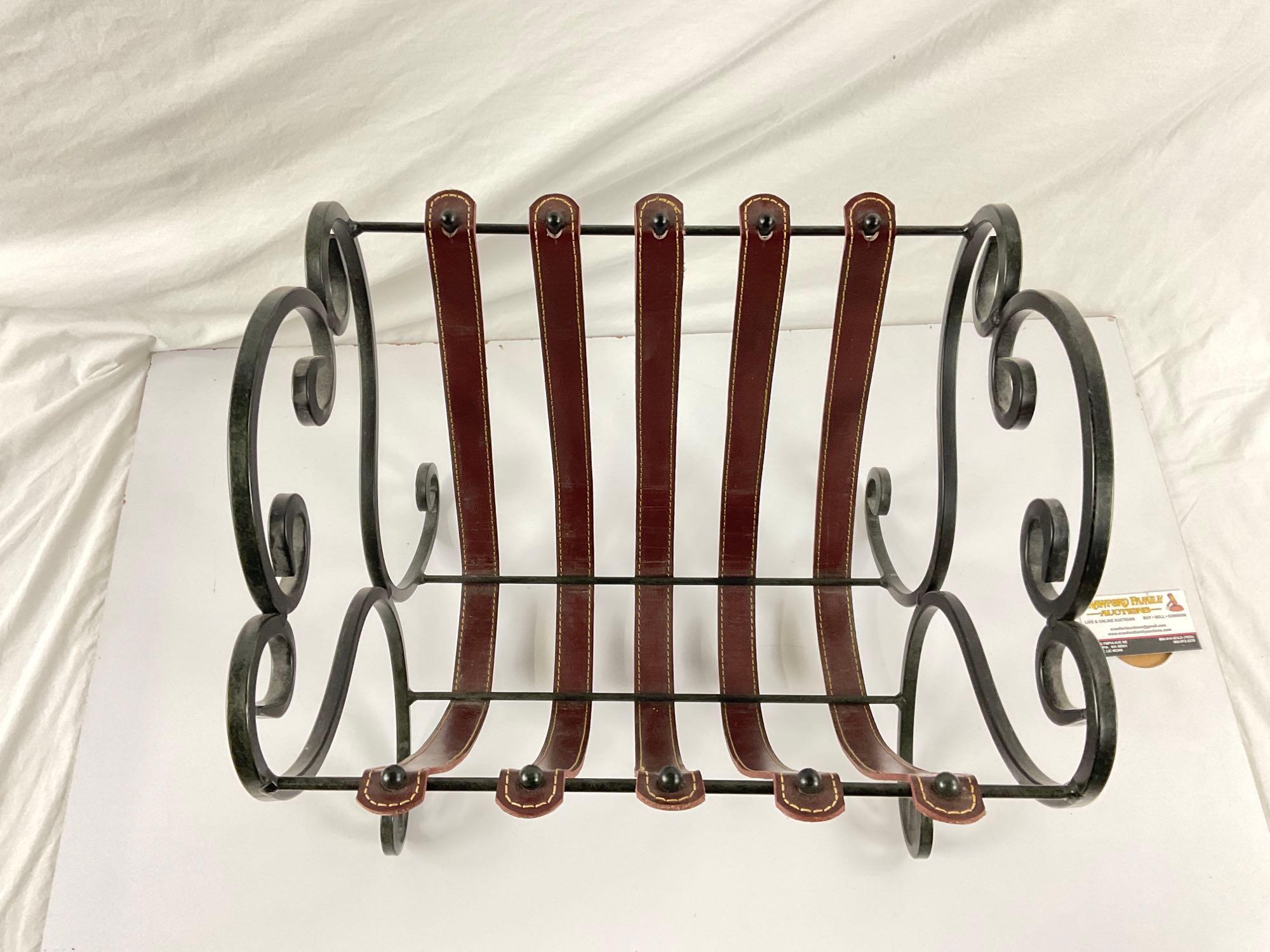 Vintage Black Wrought Iron and Brown Leather Straps Magazine Rack/Holder