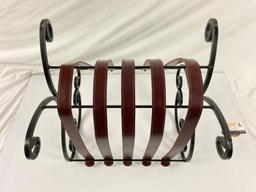 Vintage Black Wrought Iron and Brown Leather Straps Magazine Rack/Holder