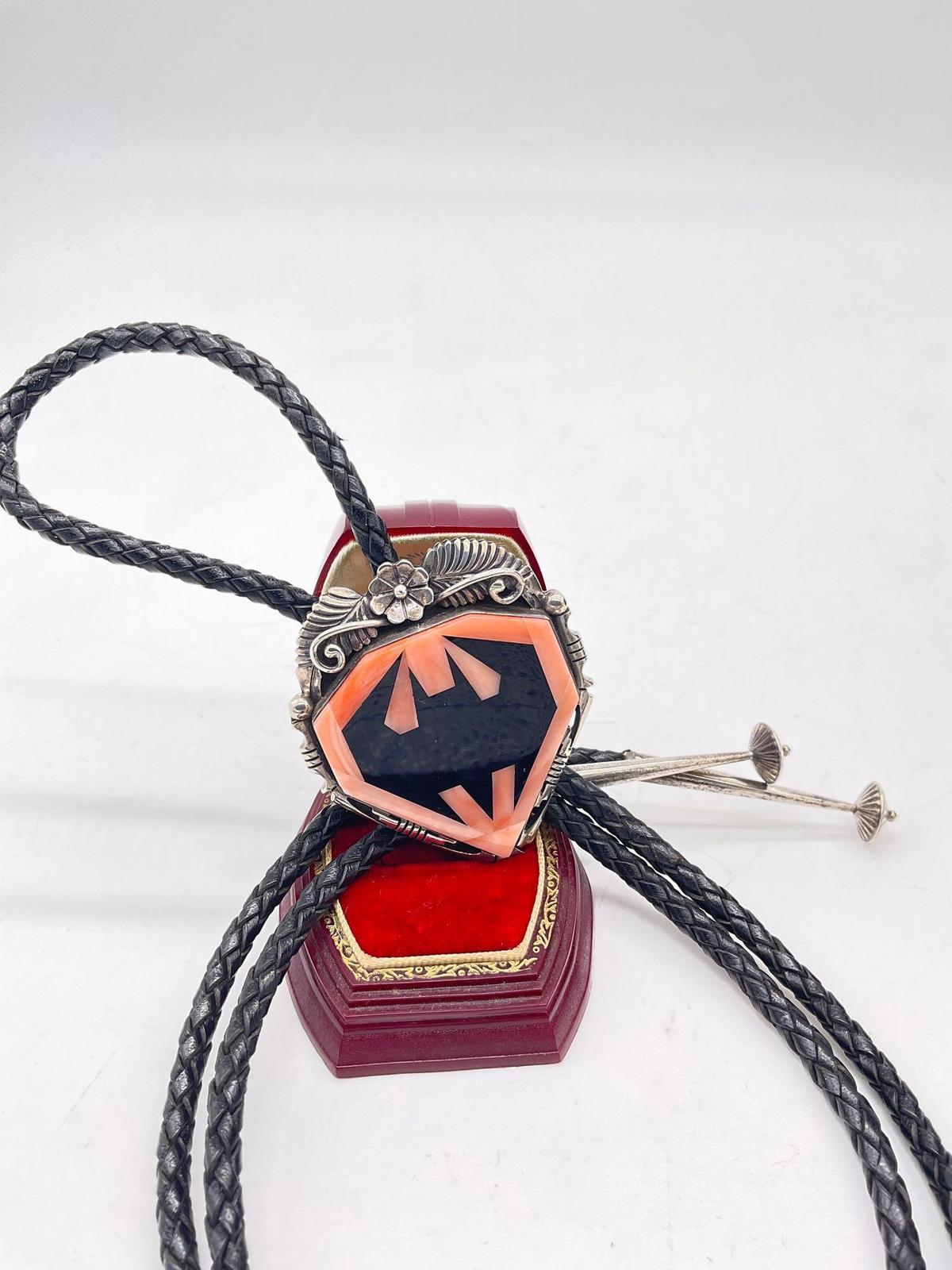 Sterling silver Inlaid "Batman" spiny oyster & onyx Native American bolo tie by Jerry T Nelson