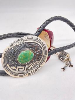 Massive TC Singer Navajo Native American Turquoise & sterling silver bolo tie w/ drum tips - wow!