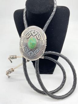 Massive TC Singer Navajo Native American Turquoise & sterling silver bolo tie w/ drum tips - wow!