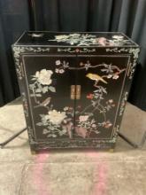 Vintage asian inspired hand carved & painted cabinet with a bird/ floral motif