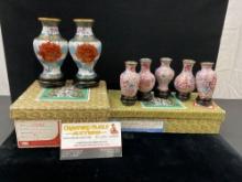 2 Sets of Chinese Cloisonne Small Vases, White w/ Orange Flower & Pink w/ Red & Blue Flowers, 7pcs