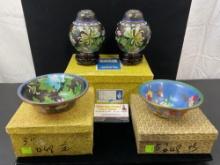 Chinese Cloisonne Vases & Bowls, 2 black enamels vases w/ lids, and a blue & black bowls, 4 pcs