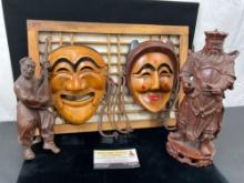 Asian Theater Masks Wall Hanging, Wooden Carving Figures, Music Player, and Warrior