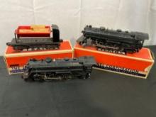 Lionel Electric Trains, Models #3559 Dump Car, 2x #1666 Locomotives, in original packaging O27 Scale