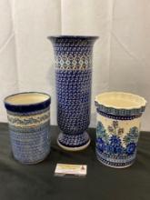 Lovely Vintage Polish Handpainted Glazed Porcelain Vases, 3 pcs