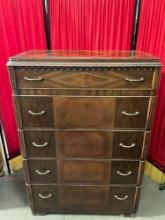 Antique mahogany tall boy dresser w/ diamond design on top & brass drawer pulls