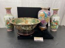 Cloisonne Vase White Covered in Floral, Satsuma Large Bowl Green/Cream, Pair of Peacock Vases, 4 pcs