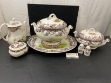 Lovely Spode Woodland Pattern China, 7 pcs, Soup Tureens, S&P Shakers, Pitcher