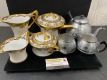 24k Gold Painted Rimmed Tea Set by MEK 1911, 4 pcs, Swan-Cromalin The Carlton Pattern 3pc Tea Set