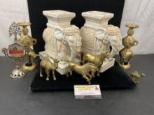 Pair of Figural Elephant Statues, Brass Figures, Candle Stands and Camel Figures,